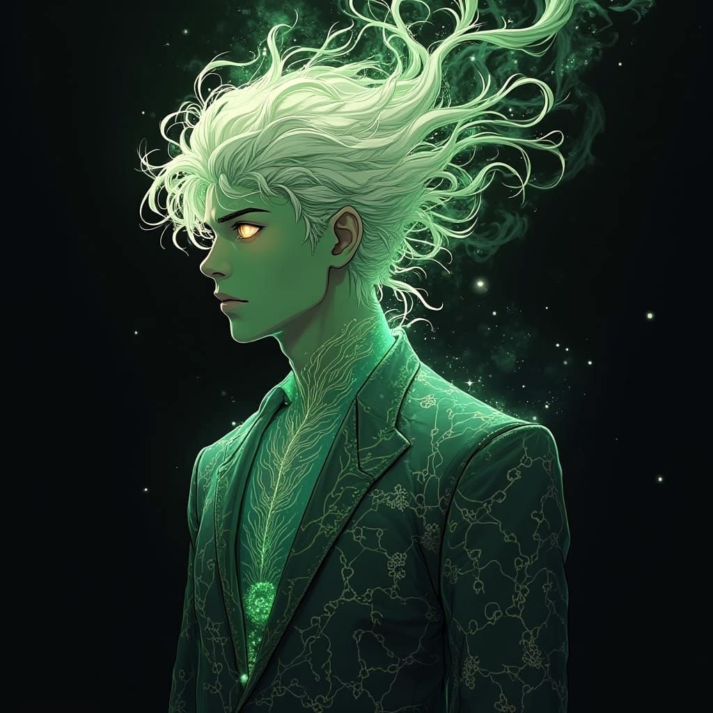 Ethereal Man Radiates Jade Light in Cosmic Void