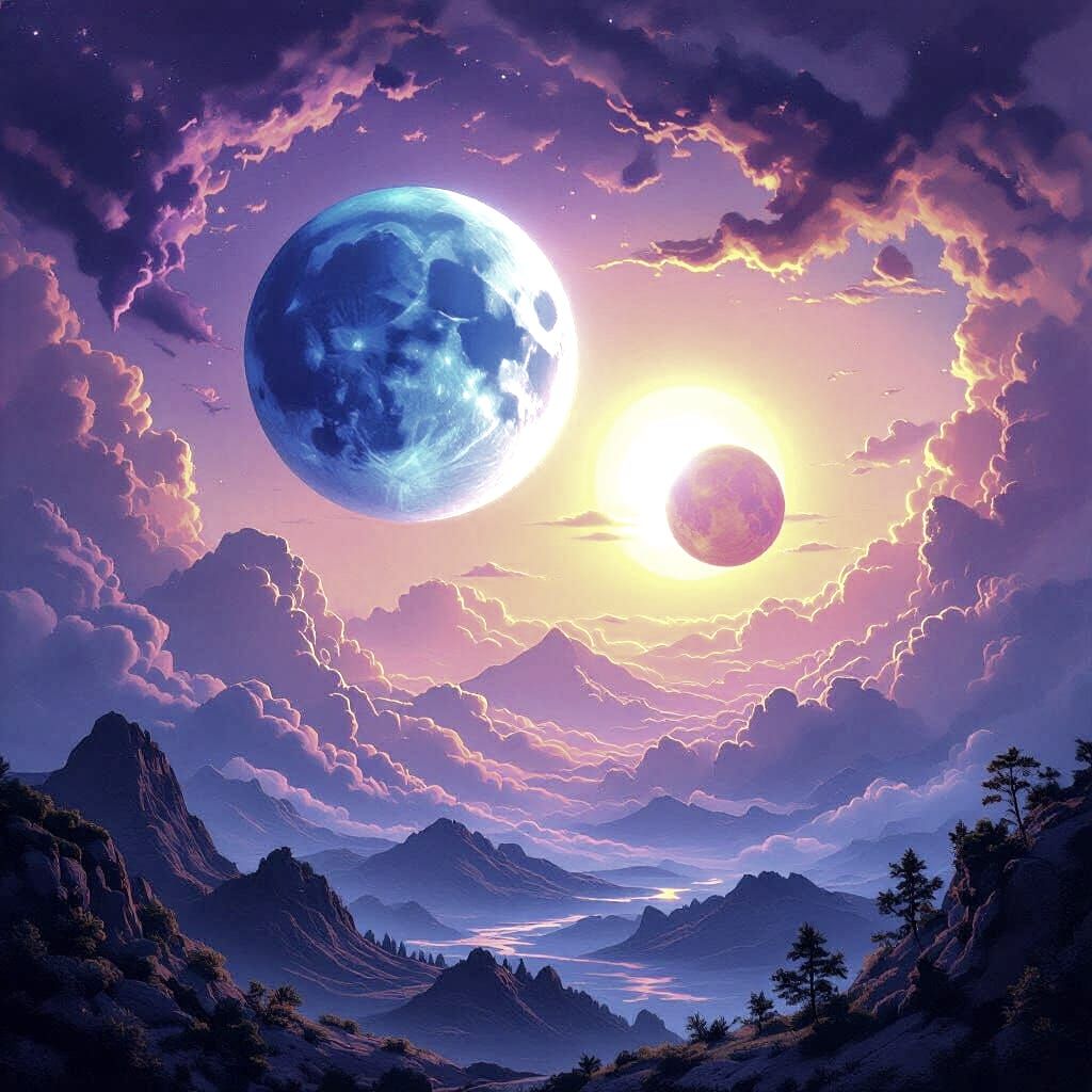 Vibrant Planet with Twin Moons in Romantic Style
