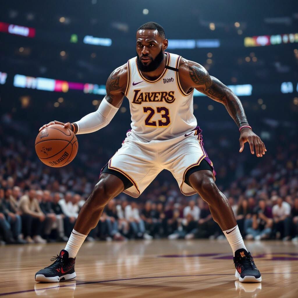 LeBron James Dribbles with Intense Focus