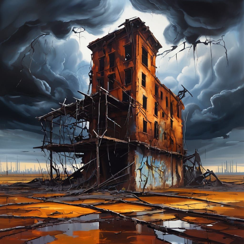 Surreal Landscape with Crumbling Structure in Vibrant Oil Pa...