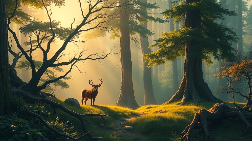 A Fantasy Scene of a Forest and wild animals