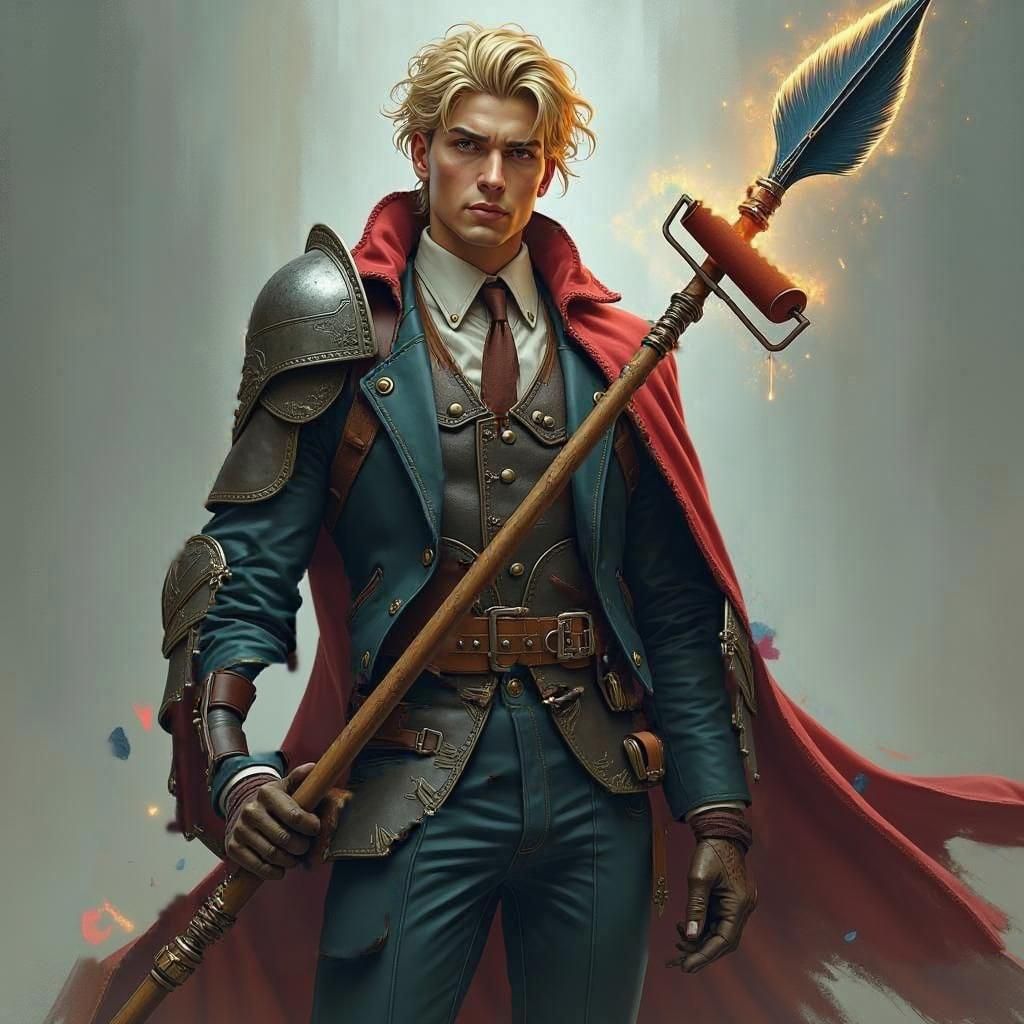 Artsy Man with Spear and Art Supplies