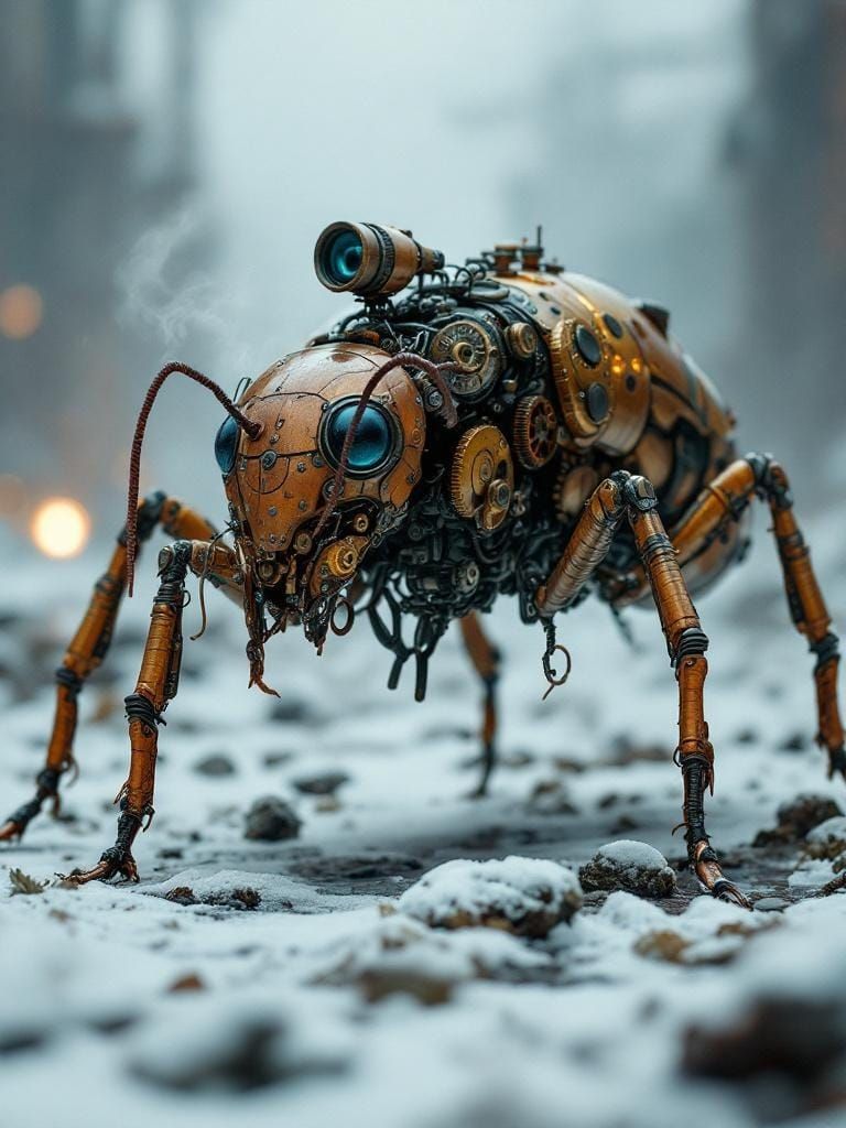 Steampunk Robotic Ant in Snowy Industrial Field