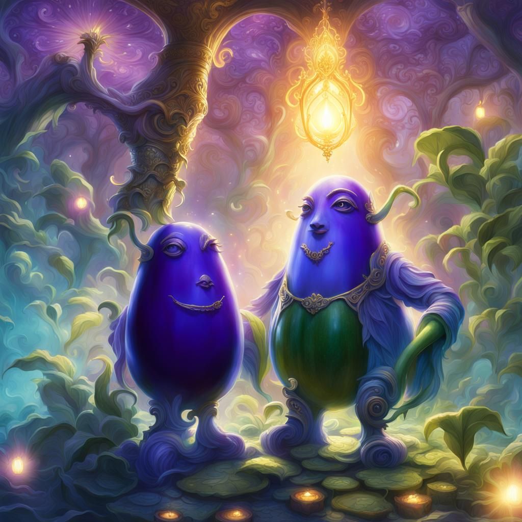 Eggplant and Cucumber on a Mystical Pedestal in a Vibrant Ga...