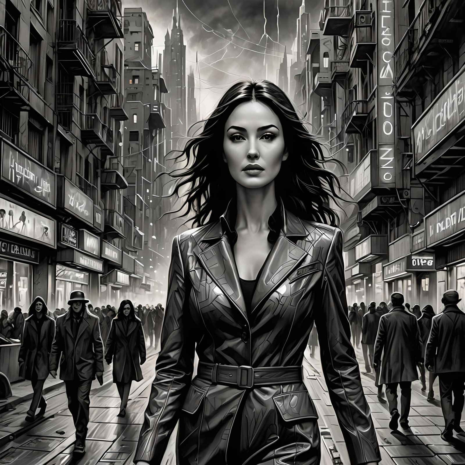 Beautiful Monica Bellucci as a model walking the streets of a futuristic city