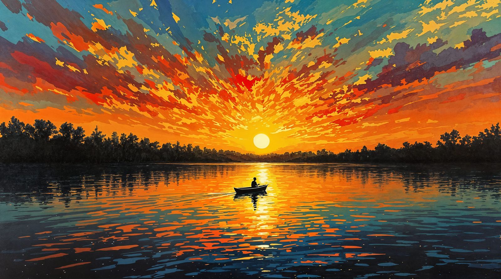 Impressionistic Sunset River Scene with Rowboat