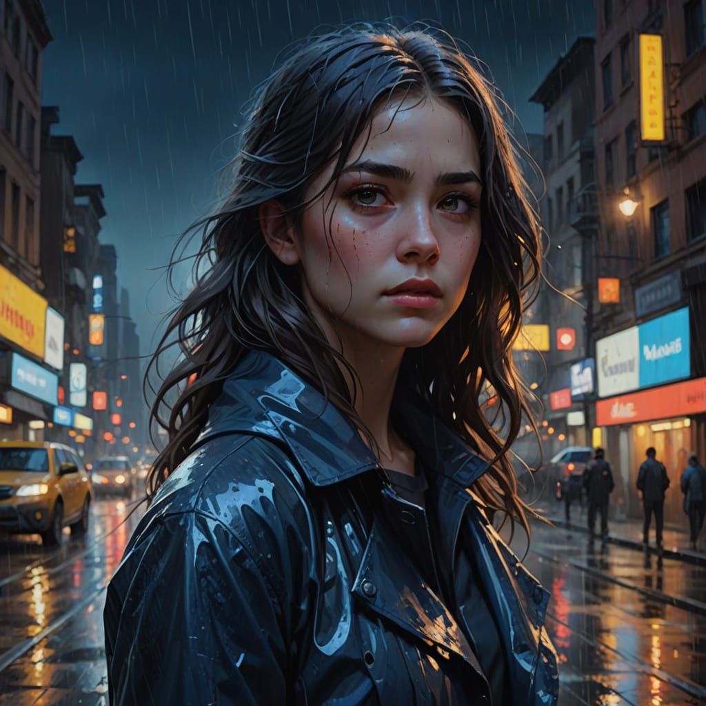 Woman in Rain, Vibrant Oil Painting