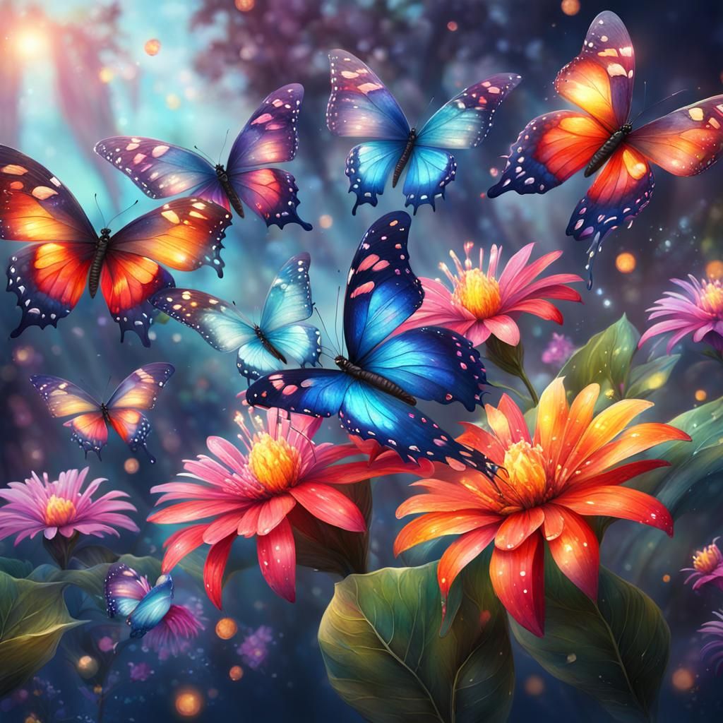 Colorful Butterflies on Tropical Flowers as Impressionism Pa...