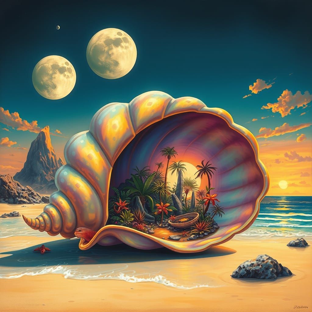 Surrealist Masterpiece: Vibrant Alien Beach with Colossal Ir...