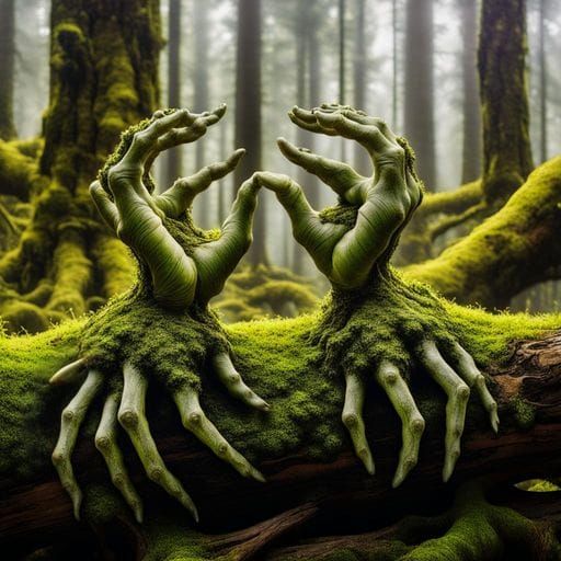 Gnarled Hands Covered in Dark Moss and Lichen