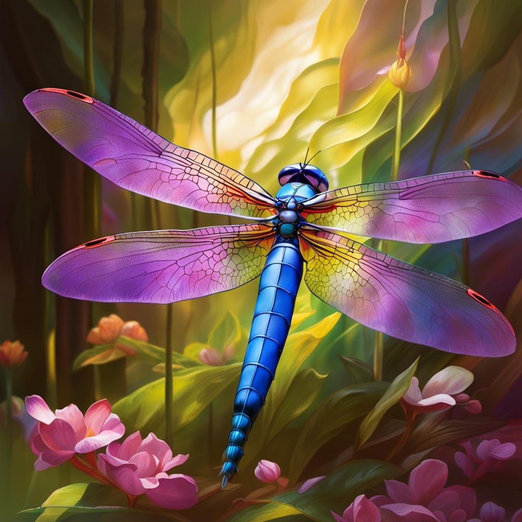 Luminescent Dragonfly with Flower Petals, Digital Art
