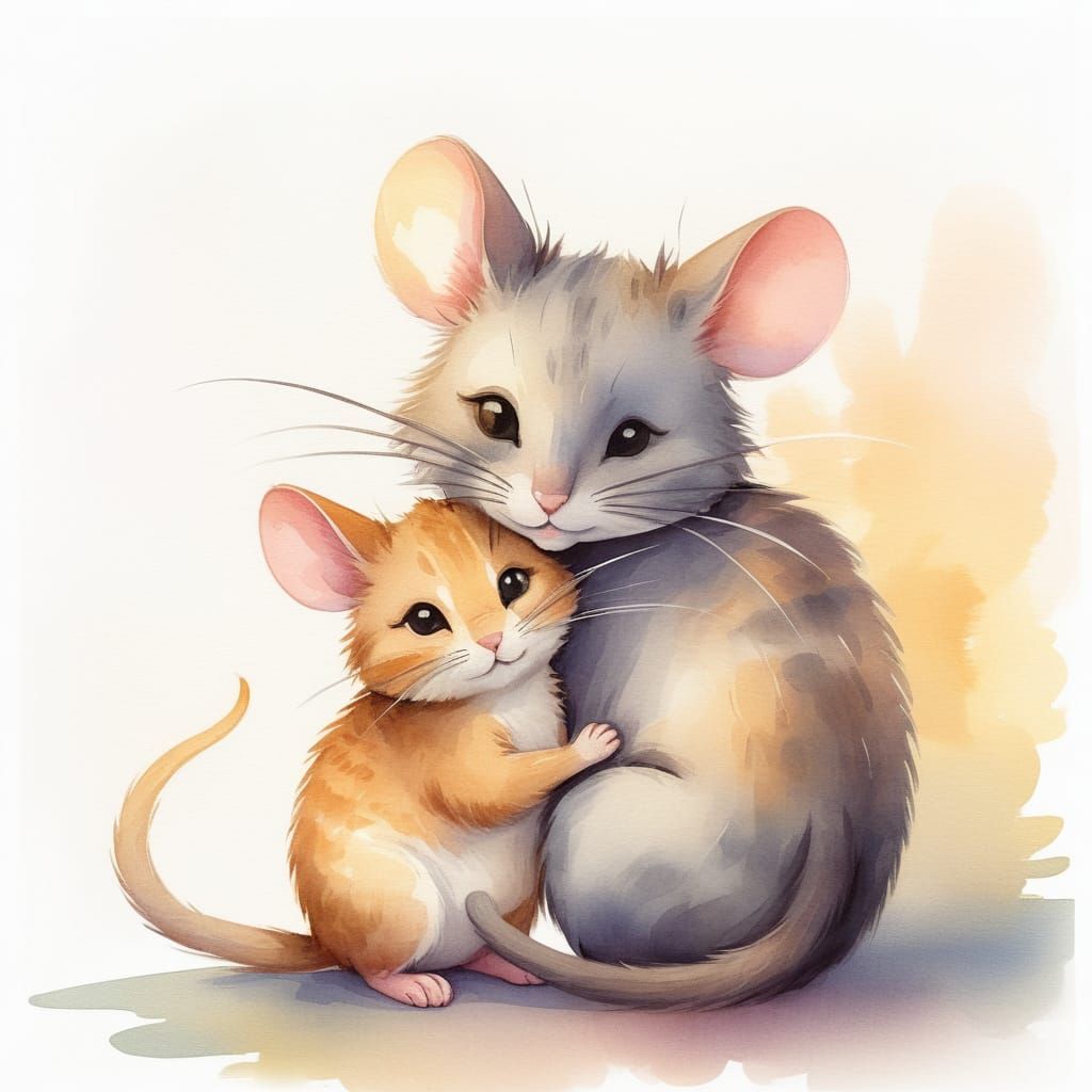 Adorable Mouse and Cat in Watercolor Illustration