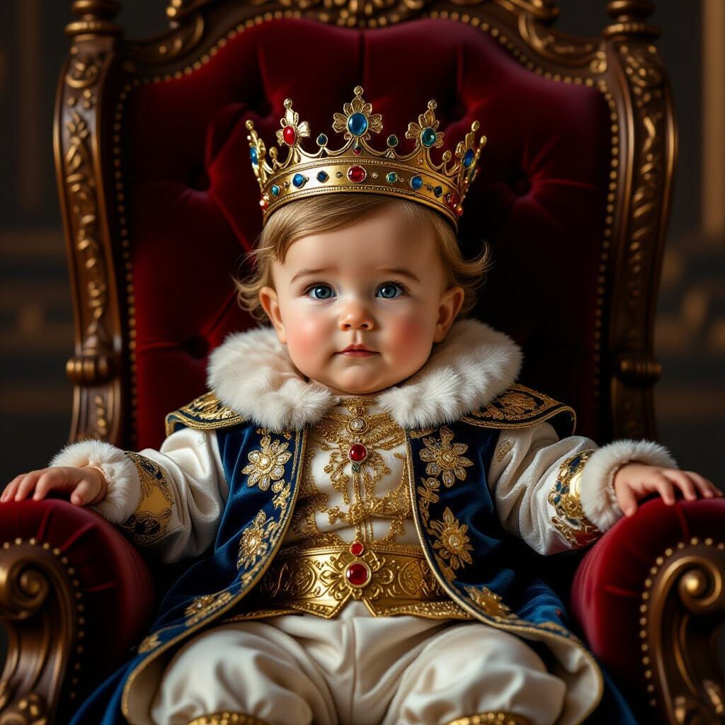 Baby Prince on Throne, Hyper-Realistic Royal Portrait
