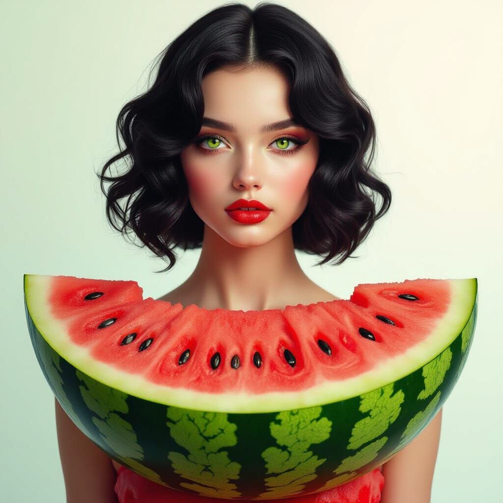 Woman in Upside Down Watermelon Dress - Hyperrealistic Portr...