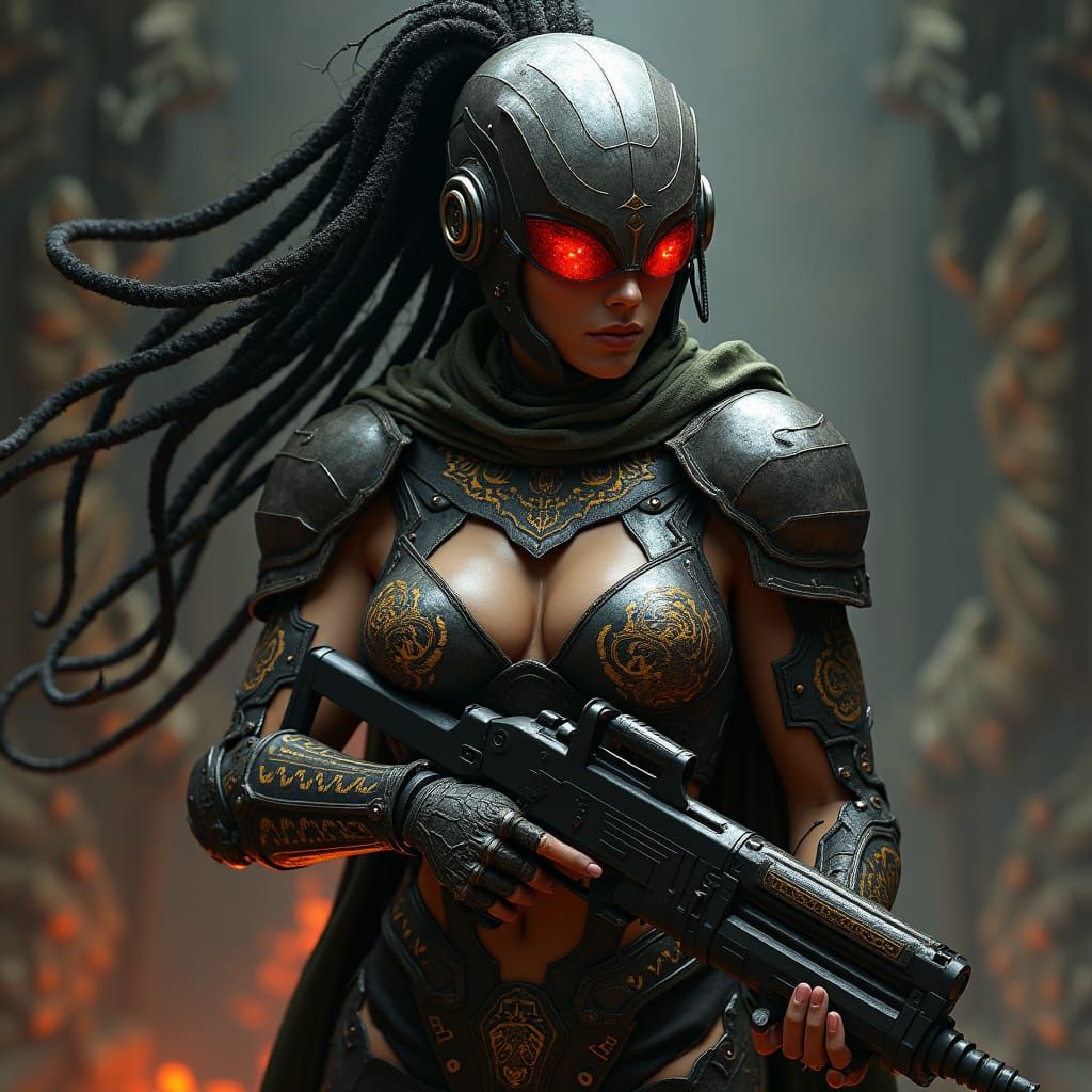 Sci-Fi Latina Warrior in Bio-Armor, Duo-Tone Portrait