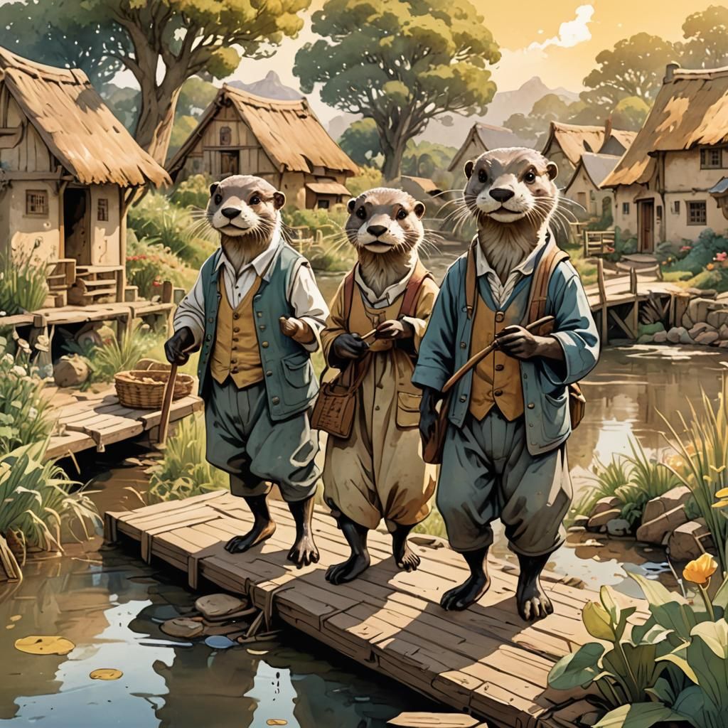 Otter Village Scene in Whimsical Comic Art Style