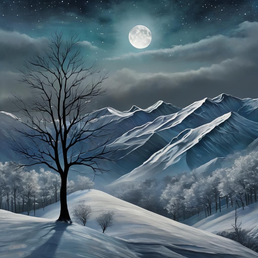Winter Tree in Moonlit Landscape: Acrylic Block Style