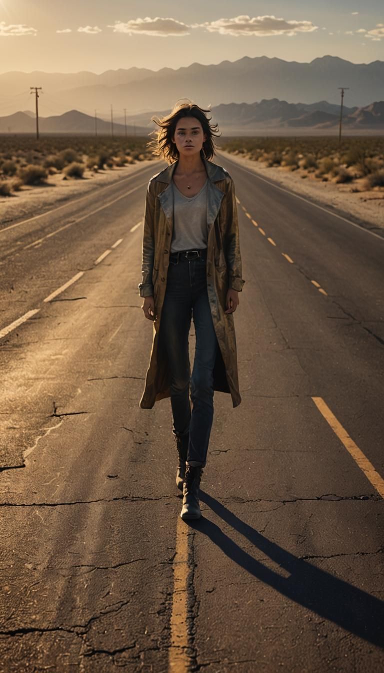 Woman Walks Desert Highway in Golden Light