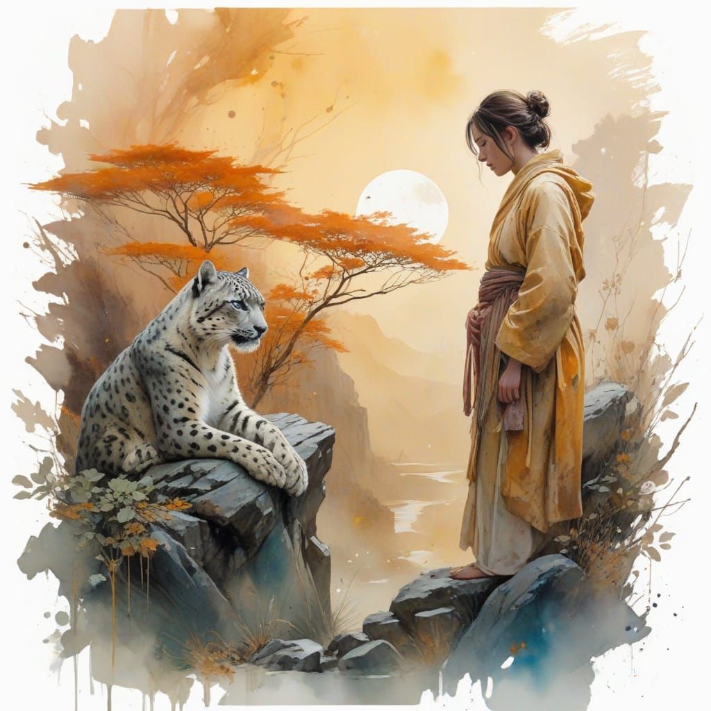 Monks and Snow Leopard at Temple Gate in Watercolor