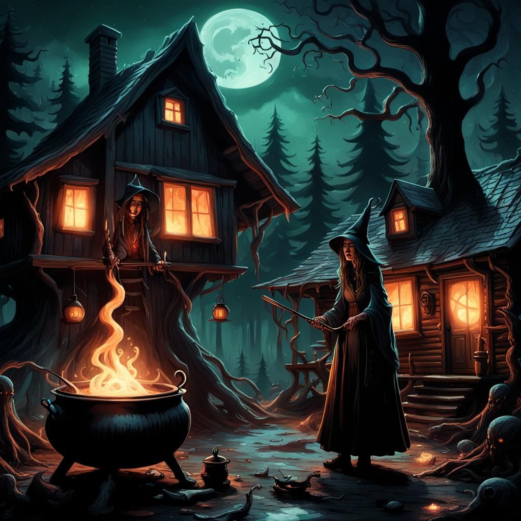 Mystical Witch Stirring Cauldron in Dark Fantasy Art