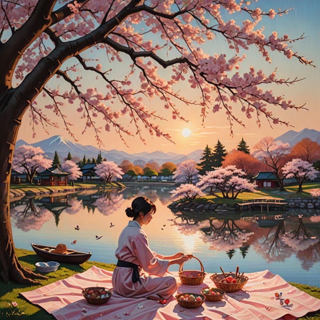 Picnic Under Cherry Blossoms: A Surrealist Oil Painting