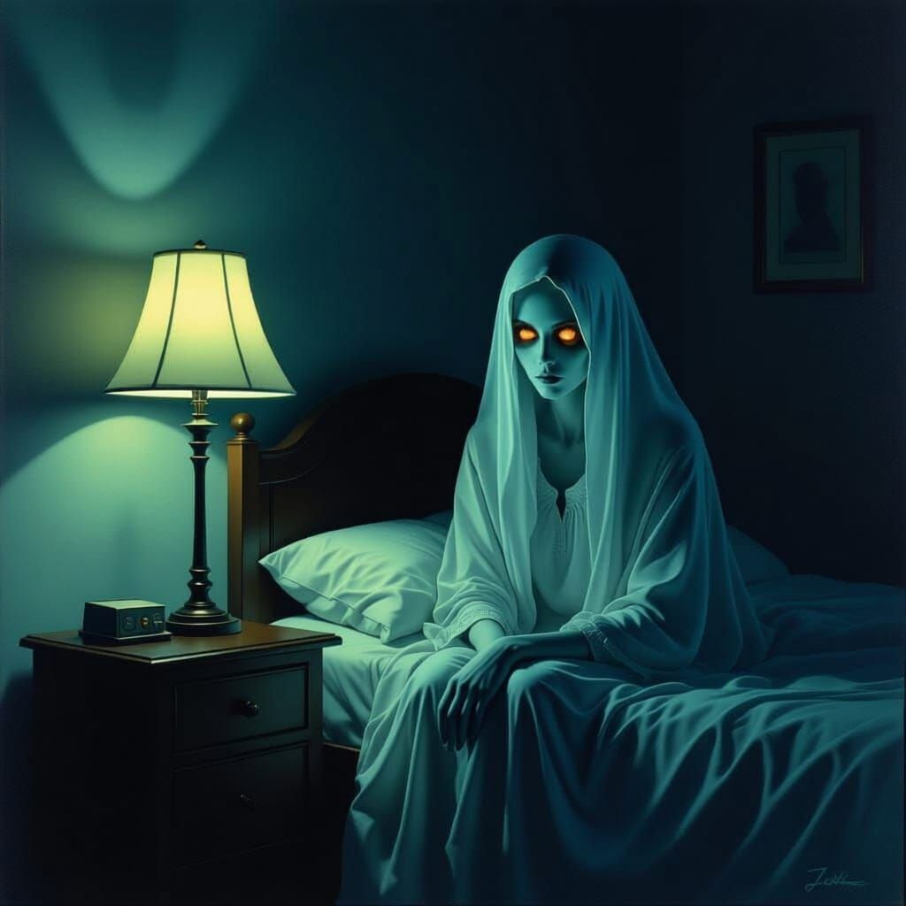 Ethereal Ghost Woman with Large Green Eyes in Dark Room