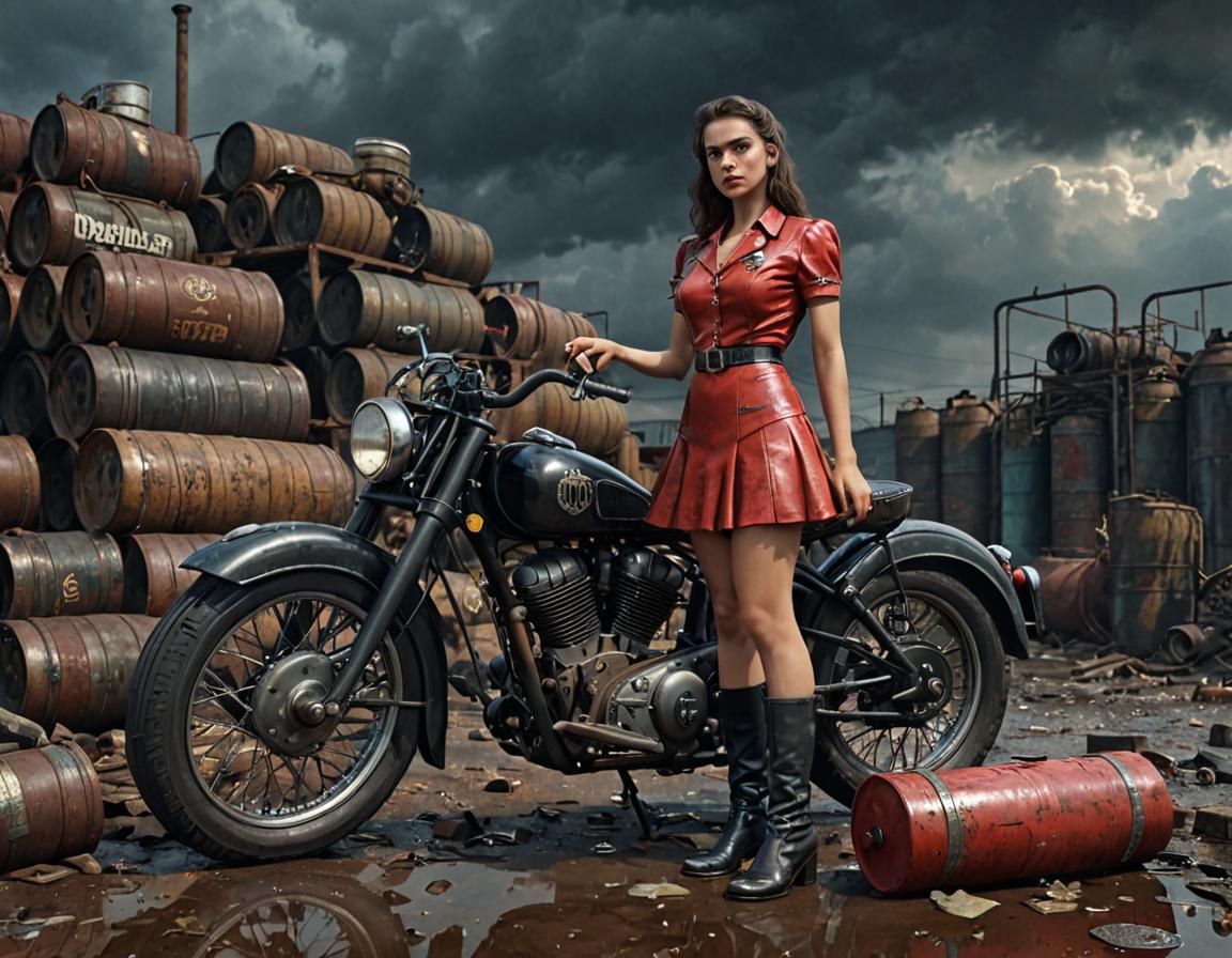 Dieselpunk Girl with Motorcycle in Industrial Factory