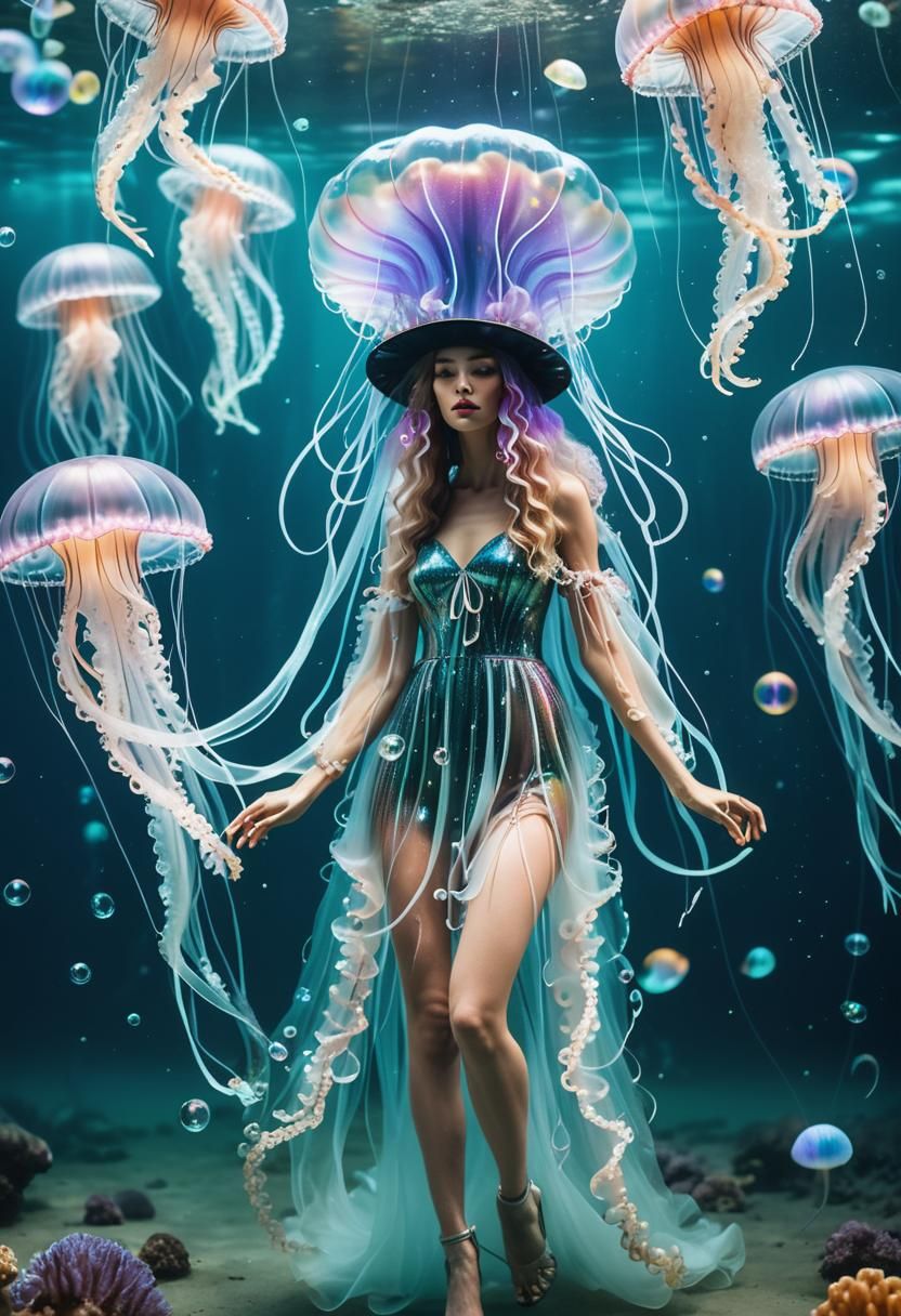 Underwater Fashion Portrait with Jellyfish Hat