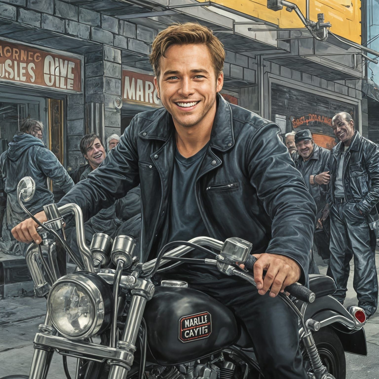 Smiling Biker on Harley in Conte Crayon Style