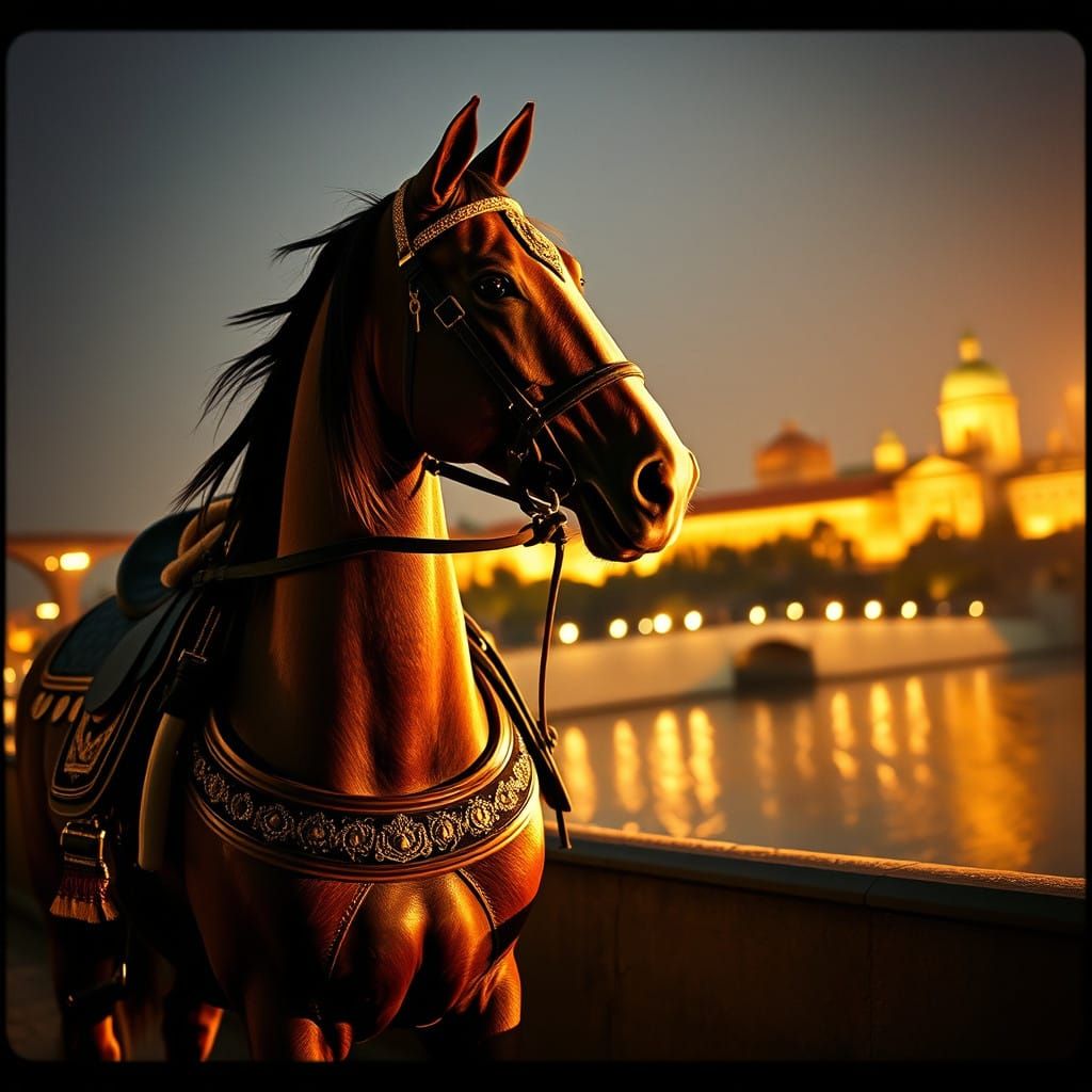 Regal Horse in Haunting Prague Cityscape