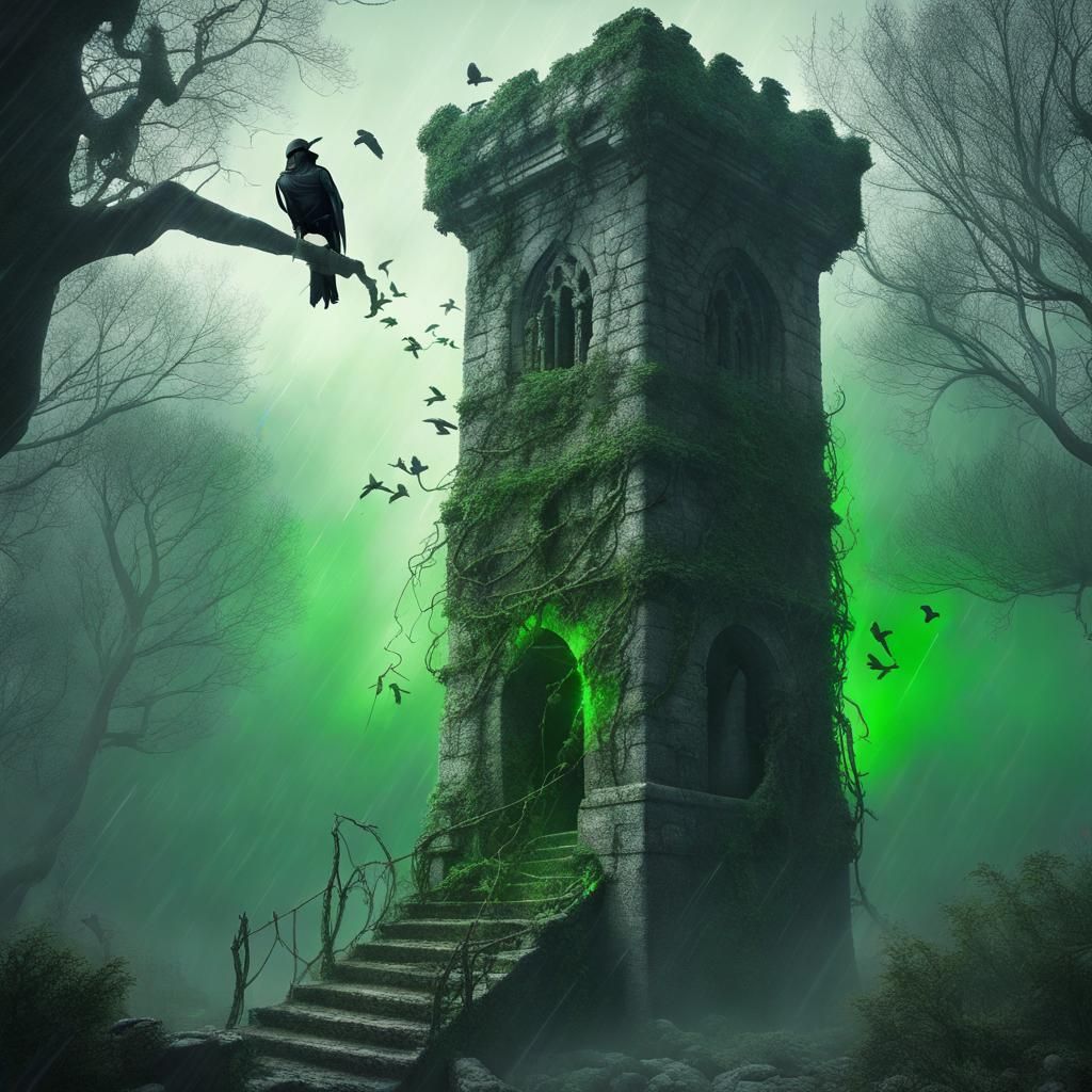 Thief Climbs Decaying Tower in Misty Forest