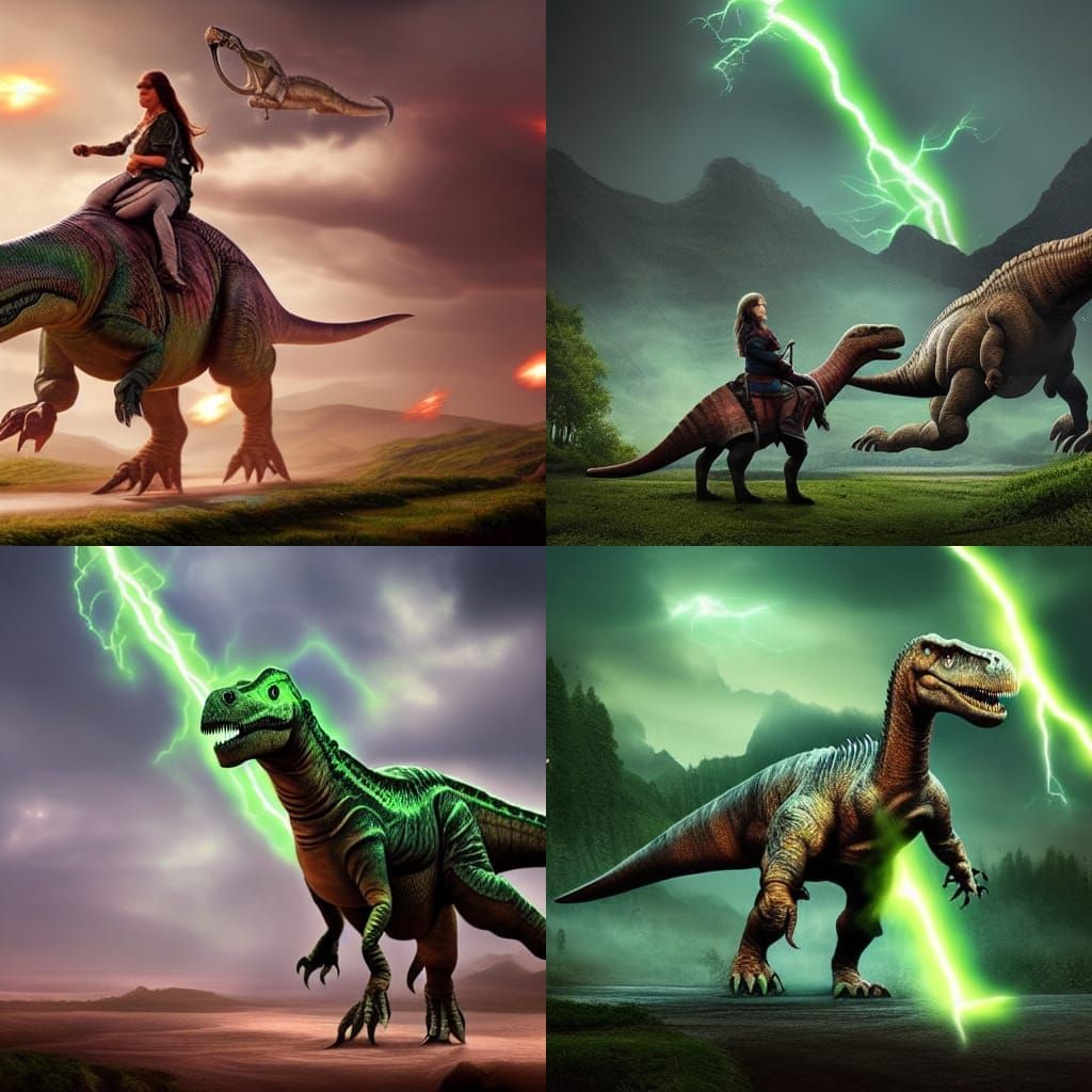 Grandma Rides a Dinosaur with Lightning Sword