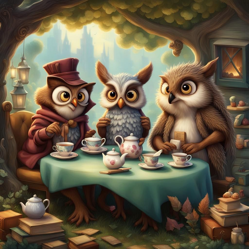 Enchanting Tea Party in Storybook Town: Detailed Matte Paint...