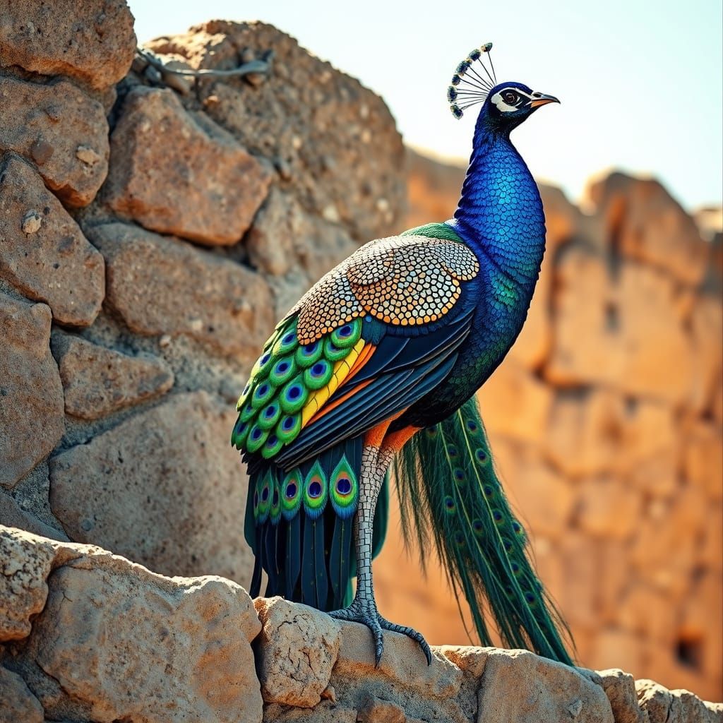 Vibrant Peacock Mosaic on Ancient Stone Wall