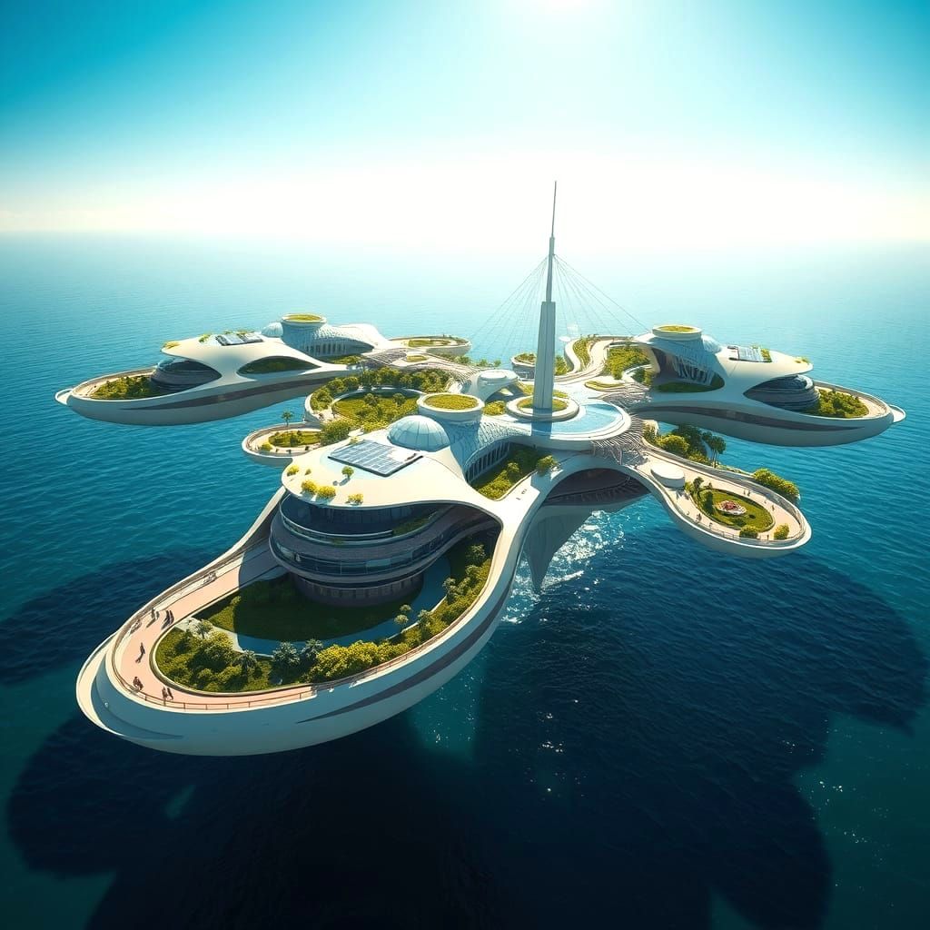 Futuristic solarpunk hovercraft city