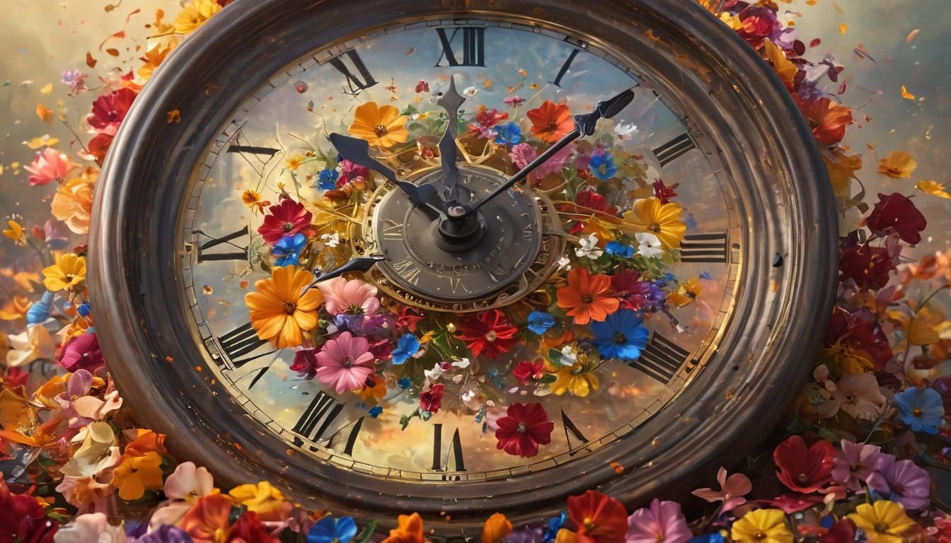Steampunk Flower Clock in Vibrant Oil Painting Style