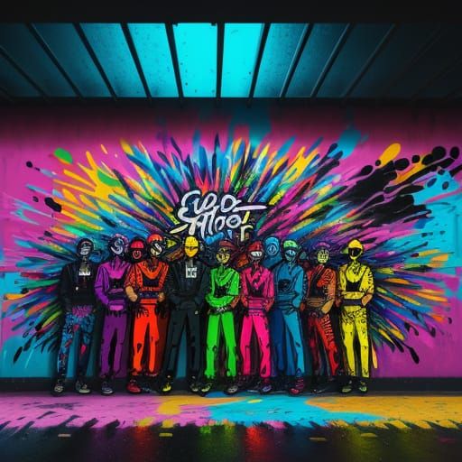 Vibrant Graffiti Art Mural with Artists in Neon Light