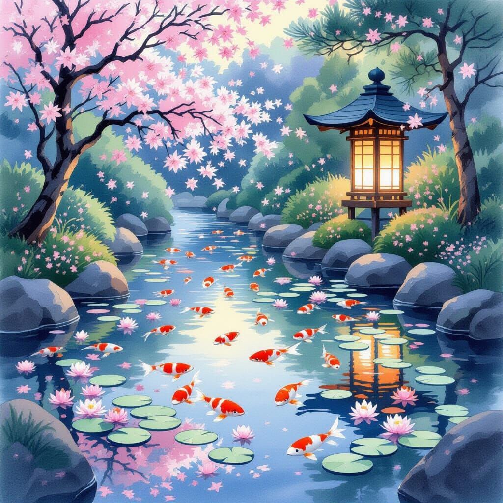 Japanese Koi Pond at Twilight in Watercolor Style