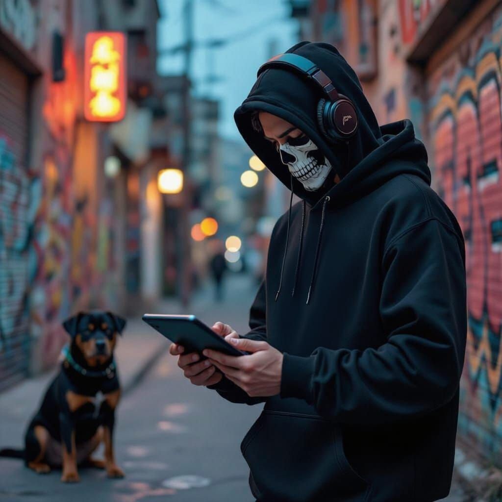 Skull Faced Beat Maker with Rottweiler in Urban Setting