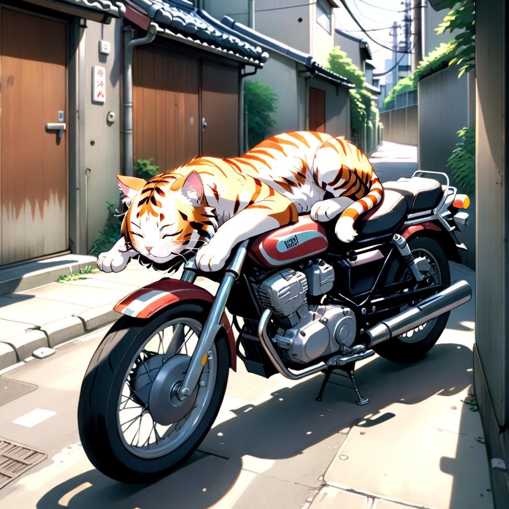 Beautiful cute anime Japanese tiger stripe cat sleeping lazi...