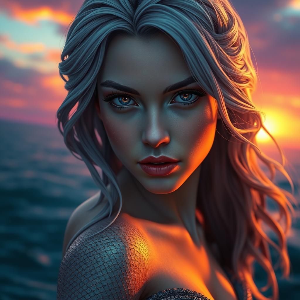 Hyperrealistic Mermaid in a Kaleidoscopic Sunset