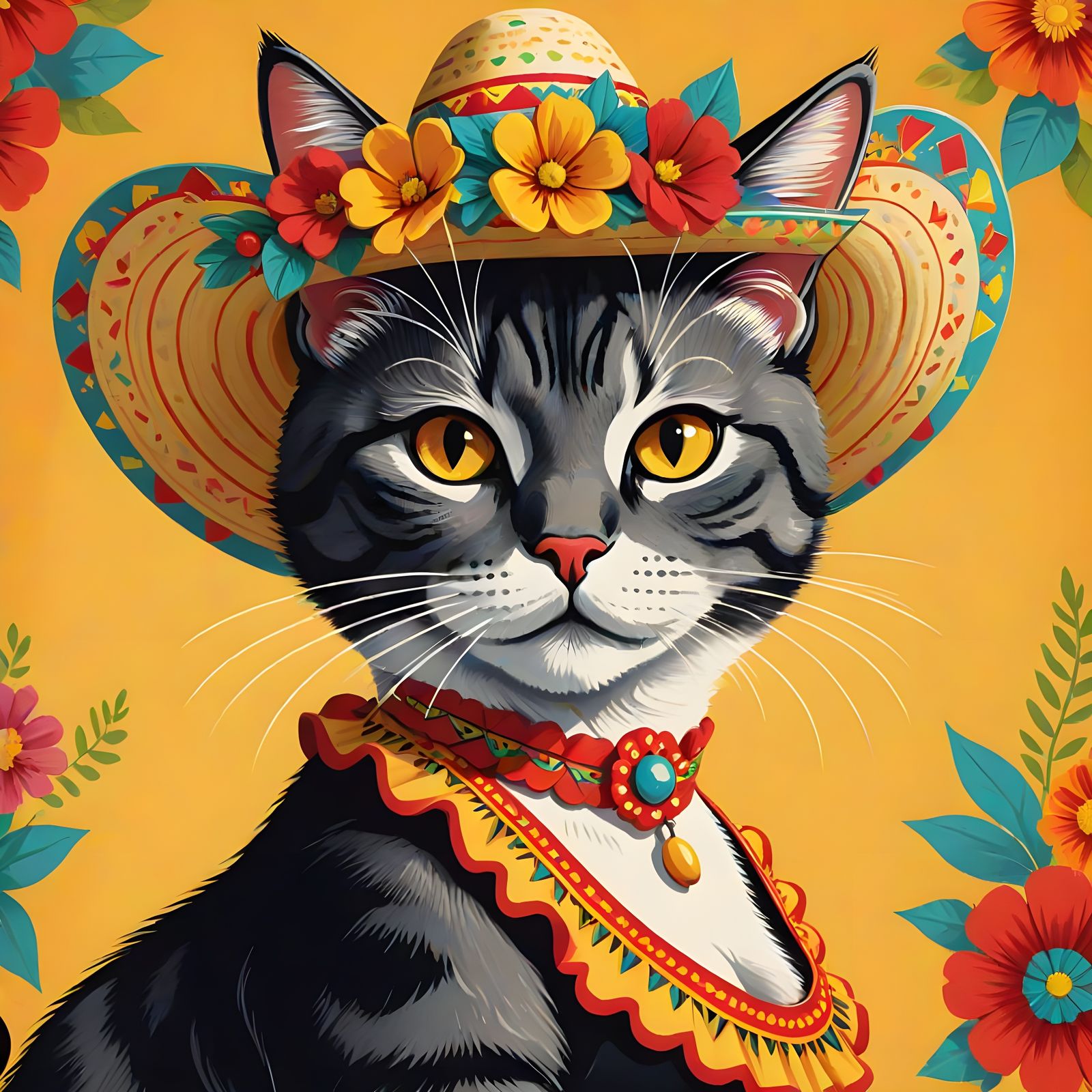 Cat Pin-Up Girl in Mexican Sombrero