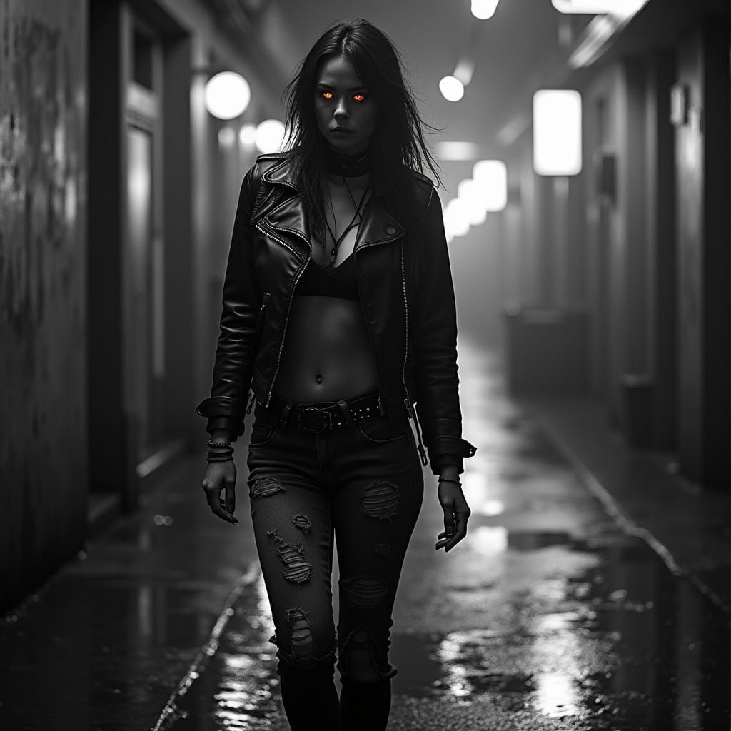 Cyberpunk Woman in Gritty, High-Contrast Black and White