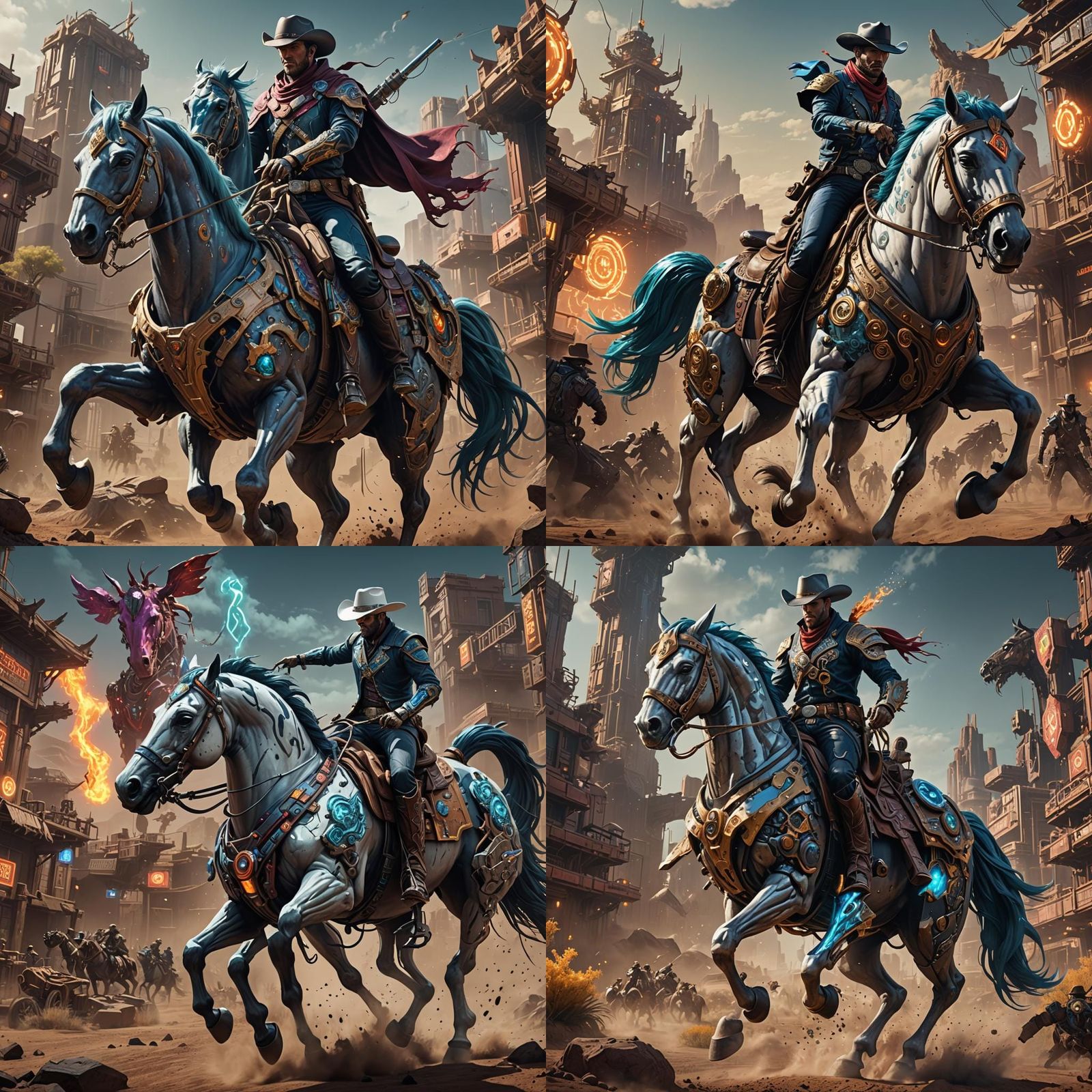 Android Cowboy Rides Cyber Horse in Detailed Painting