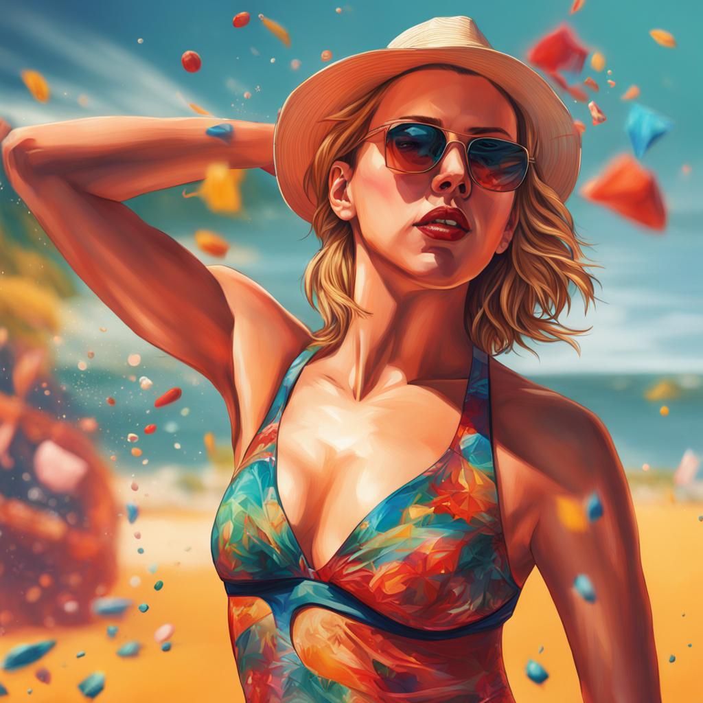 Hyperrealistic Scarlett Johansson in Bikini: Splash Art Styl...
