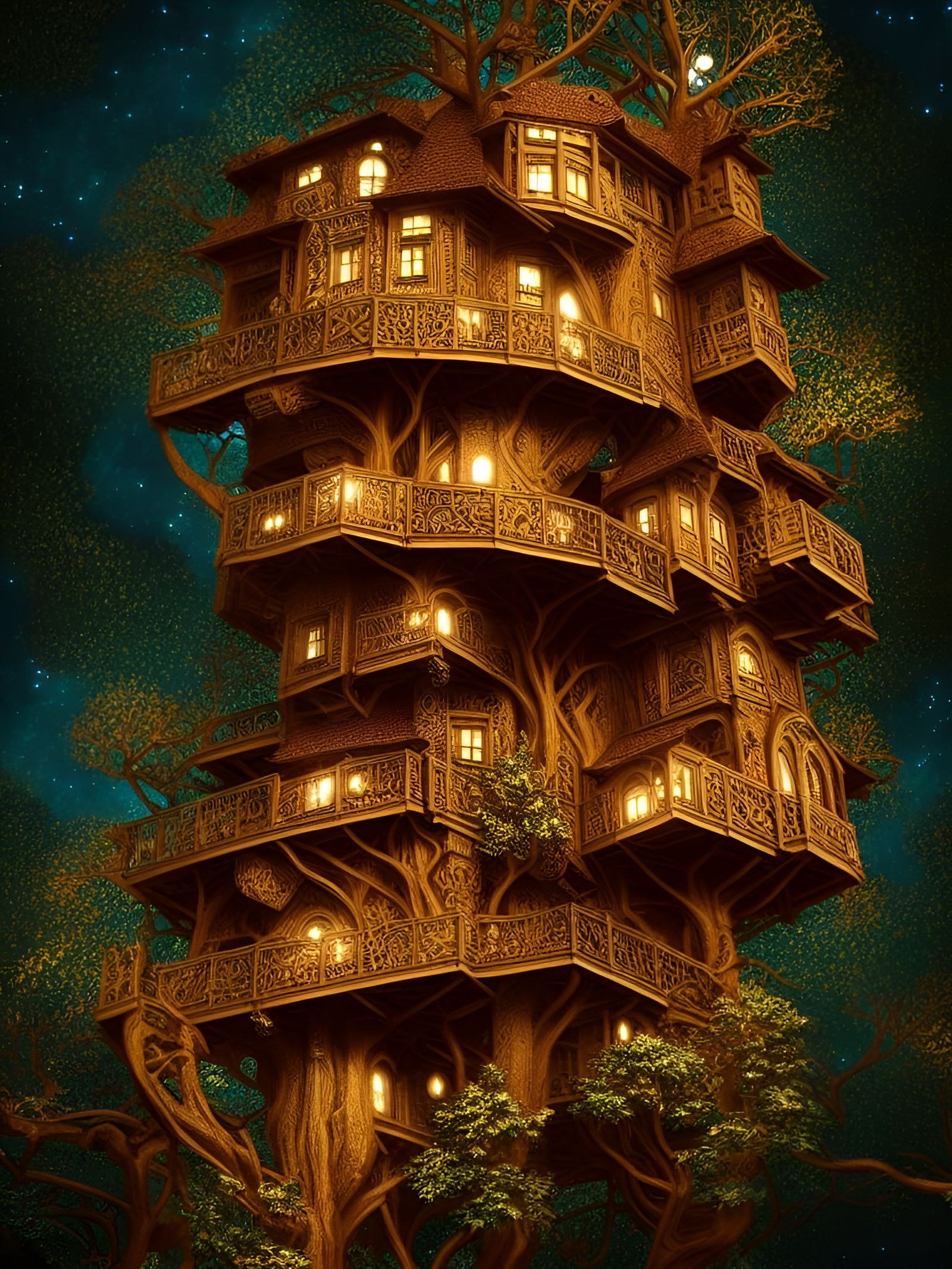 Starlit Treehouse Manor: Fractal Mosaic Art