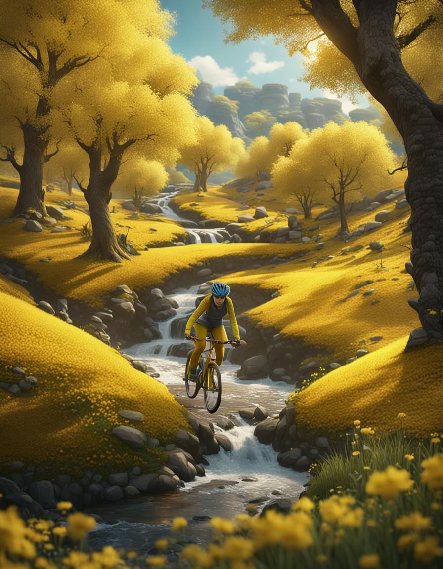 Woman Rides Yellow Bike Through Spring Landscape