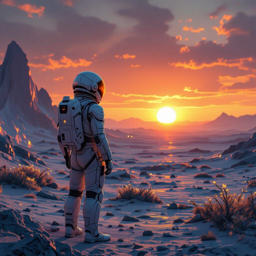 Astronaut on Alien Planet at Sunset