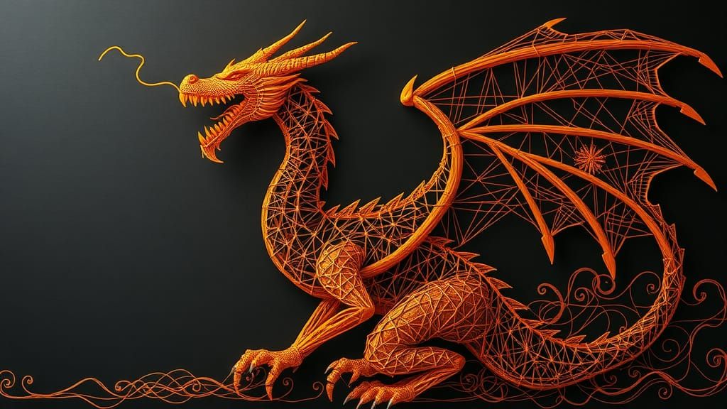 Majestic Furious Dragon Formed by Intricate String Art