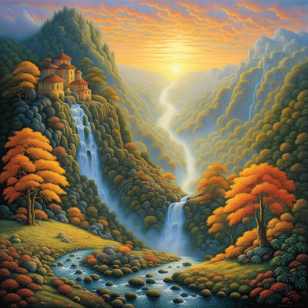 Ethereal Sunrise: Waterfall in Foggy Valley